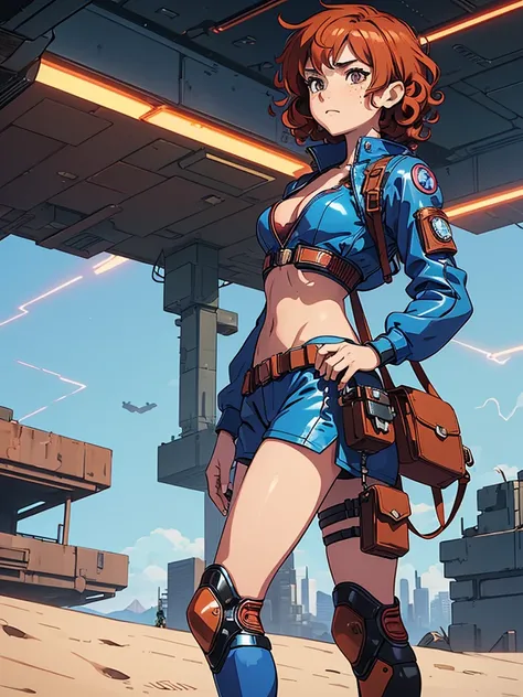 (masterpiece), (best quality),(1 girl),adult, red copper hair,(brown eyes),curly hair,(short curly hair), anime style, freckles, (small breasts),(petite figure), (blue outfit),(cyberpunk clothes)),(battle outfit),(badass outfit),legs, desert background