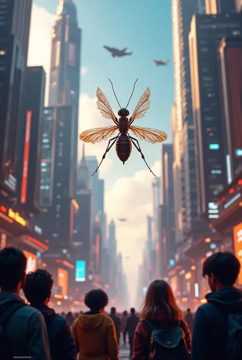 One ant is flying in sky at cyber city town people are looking up to ant 