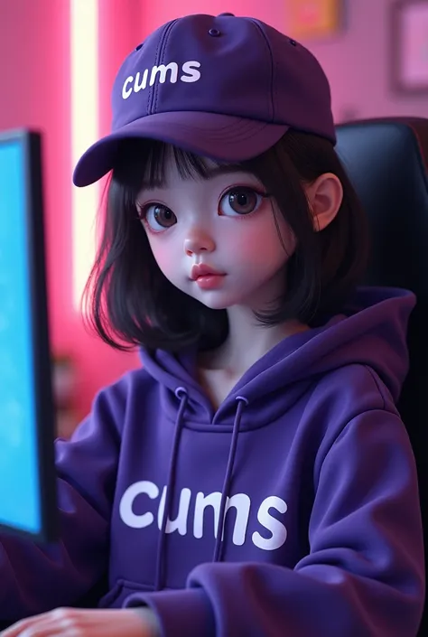 A cute Korean girl , beautiful sitting on a gaming chair wearing a dark purple polite hoddie while wearing a ball cap with a name on the hoddie " Cums "