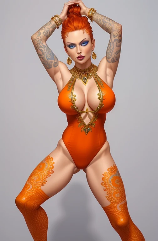 nose piercing, standing, jewelry, orange leotard, (insanely detailed, beautiful detailed face, masterpiece, best quality), cleavage, piercing blue eyes, full body shot, blank background, white background, red hair, elaborate tattoos, open arms
