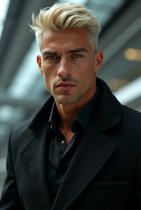 fot, masculine perfection, strong chin, fleshy lips, roman nose, short blonde hair, hazel eyes, hyperrealisti, 8k-v4 . Modern fashion haute couture futuristic fashion. Modern black clothing