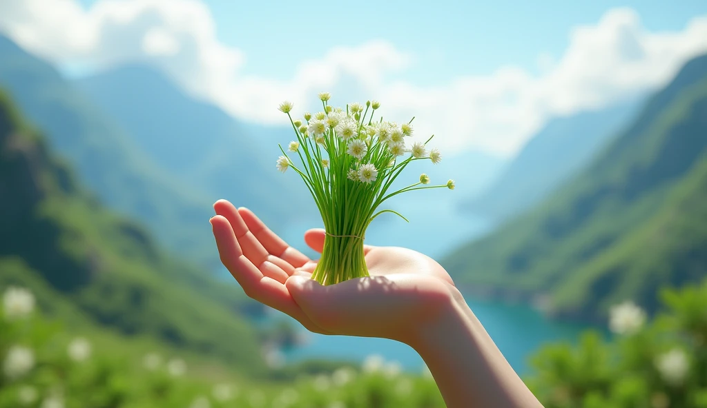 One hand to pick，Chives with green flowers（best quality，4K，8k，High level，masterpiece：1.2），Ultra Detailed，（lifelike，Photo real，Photo real：1.37），Realistic lighting，虚幻引擎4K壁纸，Summer Unreal Engine 5, Beautiful landscape rendering, Mountains and Oceans, Rendered...