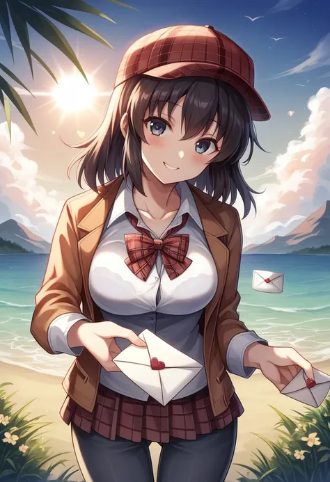 masterpiece, high quality best quality,1girl, bangs, beach, blue_sky, blush, bow, breasts, checkered, checkered_shirt, checkered_skirt, cloud, cloudy_sky, collarbone, day, envelope, giving, grass, hair_bow, heart, holding, holding_letter, horizon, incoming...