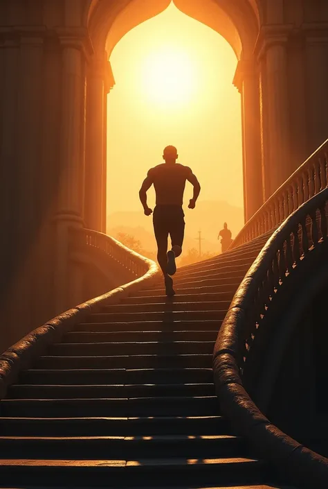 Shadow of a male figure running up a staircase towards the Sun.