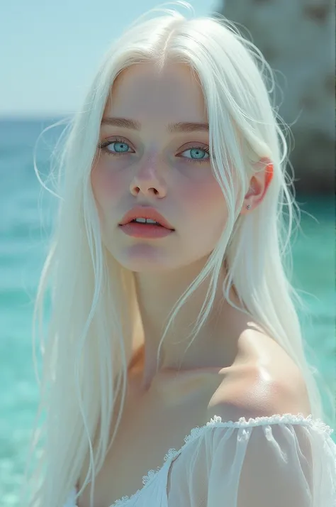 french girl with white long hair, ocean blue eyes, pale skin, and thin