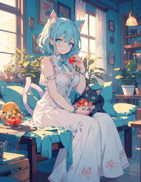 fruits, big smile, full body, Alice in Wonderlands, nightmare, ((masterpiece, best quality:1.5)), ((Beautiful detailed cat aqua eyes:1.2)), cat ears, pale skin, medium breasts, beautiful hands, beautiful fingers, EasyNegative