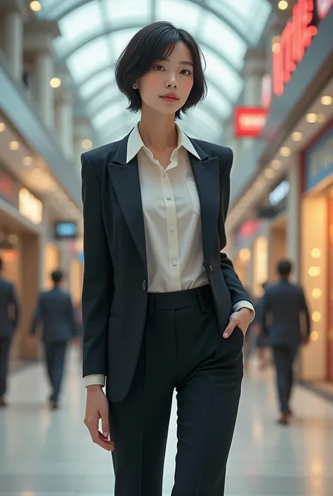 A black hair girl with short hair with chinese looking face in a fully decent office cloths standing in a mall realistic image