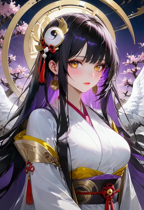 Long smooth straight black hair, inner colored dark-purple hair, golden eyes, yin yang robes, masterpiece, super detail, best quality, 8k,semi-realistic