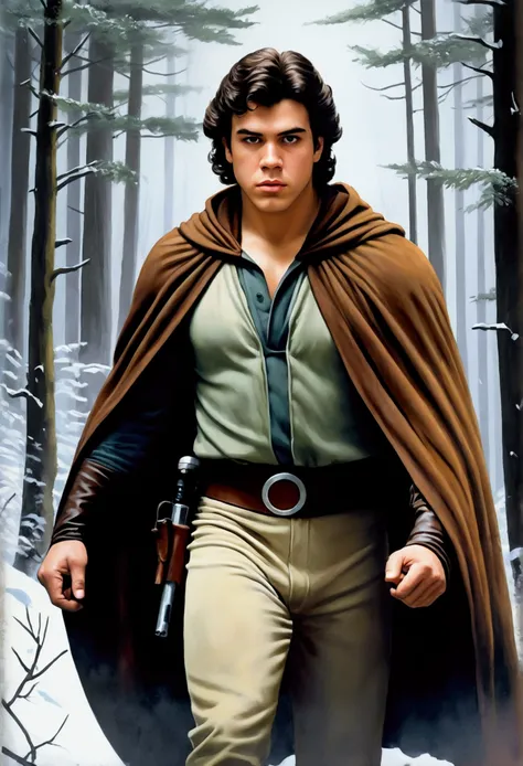 An illustrated movie poster, hand-drawn, full color, a young Jedi, 18-years-old, male, wearing an umbra cloak, portly figure, broad shoulders, muscular, brown eyes, brown-black hair, curly voluminous mane, sun-tanned skin, resembles Lou Ferrigno, hiking th...