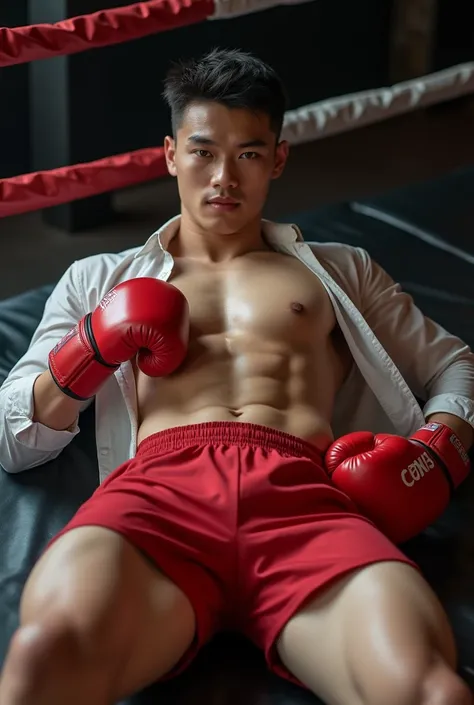 Asian people(Korea,Vietnamese,Chinese,Japan), 20 years old, Handsome and elegant,no beard, Wear a transparent shirt., sexy , Masculine and handsome，Have muscles，The muscles look good., Have fair skin.,, full body photo,(Very detailed, realistic, best quali...