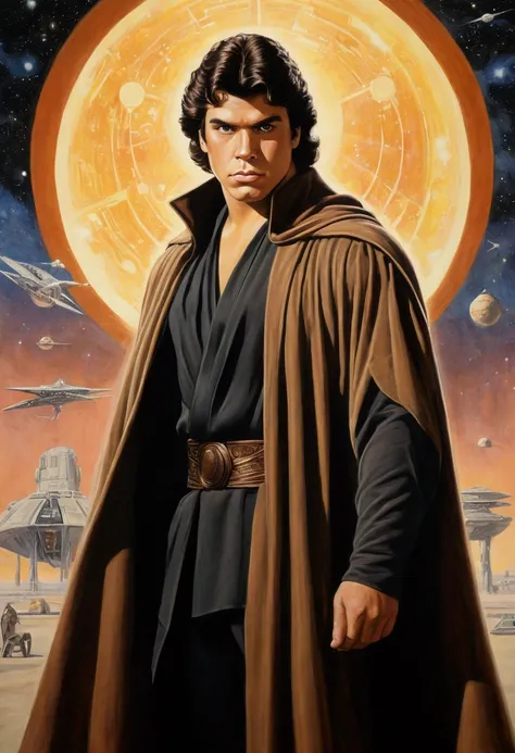 An illustrated movie poster, hand-drawn, full color, a young Jedi, 18-years-old, male, wearing an umbra cloak, portly figure, broad shoulders, muscular, brown eyes, brown-black hair, curly voluminous mane, sun-tanned skin, resembles Lou Ferrigno, standing ...