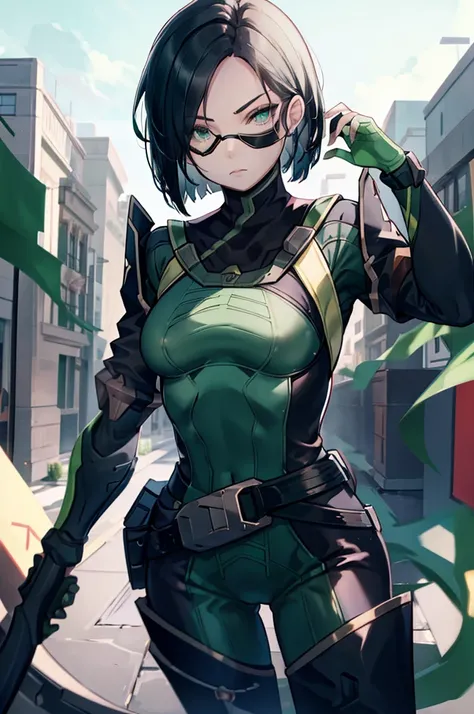 valorantViper, green eyes, bodysuit, formal, eye patch, holding a crutch
