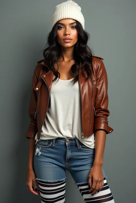 beautiful latin woman, standing straight facing forward, with brown leather jacket, denim jeans pants, white beanie hat, on a greyish background, cotton t-shirt texture, fitted t-shirt, round neck, striped tights. Medium camera shot.