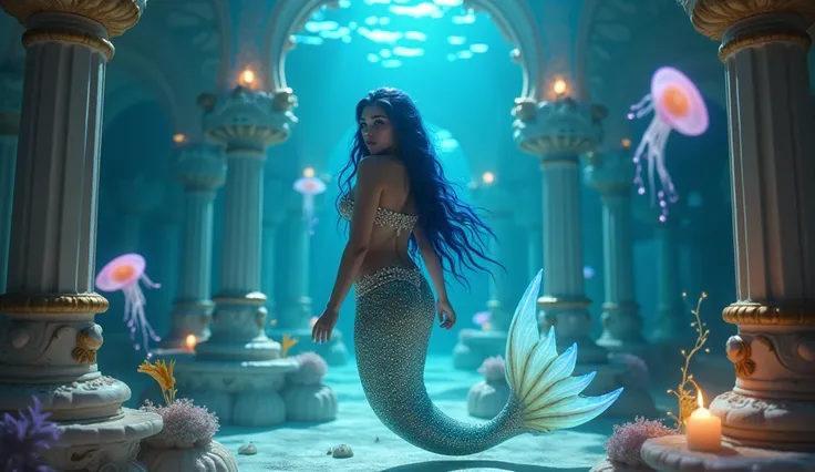 Setting: A magical underwater palace with crystal-clear waters and an ethereal glow, where a seductive mermaid sings softly.
Description: The mermaid has rich, deep blue hair and a glittering, opalescent tail that reflects the light in various colors. She ...