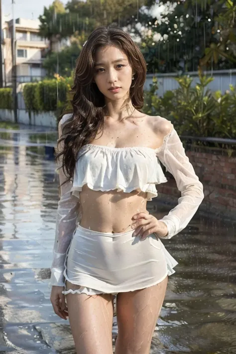 ((best quality, 8k, masterpiece:1.3)), Key Points:1.2, Perfect body beauty:1.3, Hips:1.3, ((Layered Hairstyle:1.2)), (Wet clothes:1.1) , (rain, street:1.3), Bandeau dress: 1.1, Very detailed skin texture, Skin Whitening, Long hair, Long legs