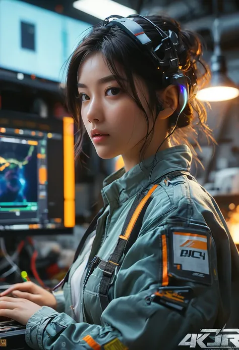 a young woman in a high-tech factory, messy short black hair, wearing welders clothing, standing in front of a high-tech workbench, advanced tech screen, (best quality,4k,8k,highres,masterpiece:1.4),ultra-detailed,(realistic,photorealistic,photo-realistic:...