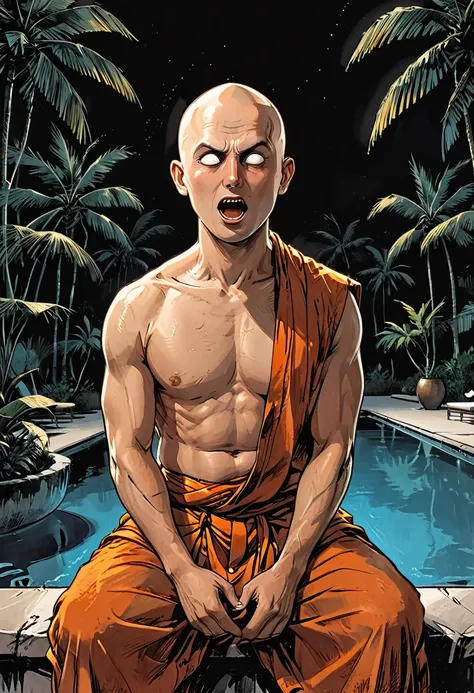 ((open mouth)),(night),portrait blind Buddhist monk sitting with open mouth next to the pool at the white hotel, tropical, palm, white hotel, pool, round face, white eyes, no eyebrows, no hair, bald, paw-eared, round cheeks, narrow lips, man, white sclera ...