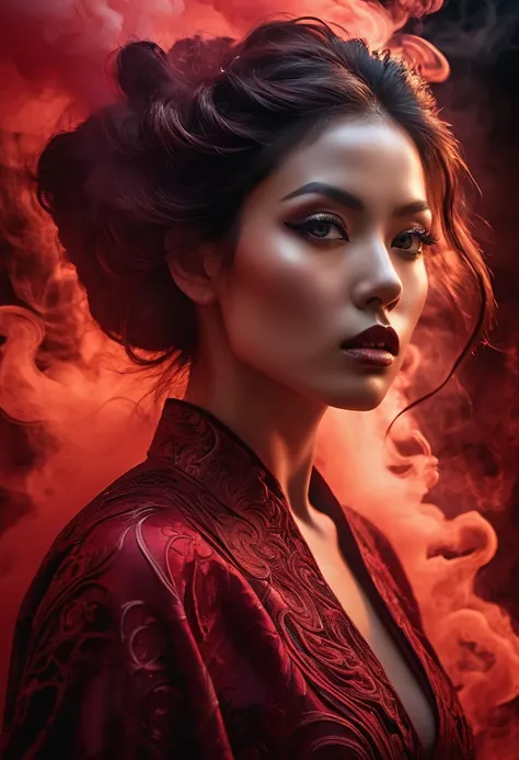 A majestic work of art, a woman, intricately detailed, with an intense, piercing gaze emanating from her singular, striking eye, set against a backdrop of ethereal, swirling red smoke that appears to shift and undulate as if alive, illuminated by a cinemat...