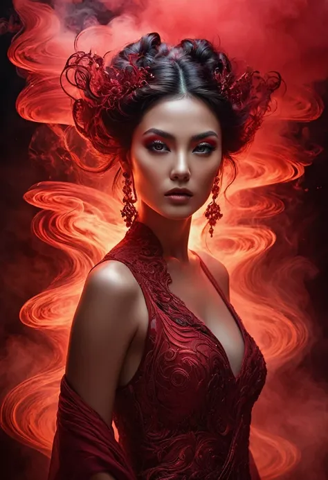 A majestic work of art, a woman, intricately detailed, with an intense, piercing gaze emanating from her singular, striking eye, set against a backdrop of ethereal, swirling red smoke that appears to shift and undulate as if alive, illuminated by a cinemat...