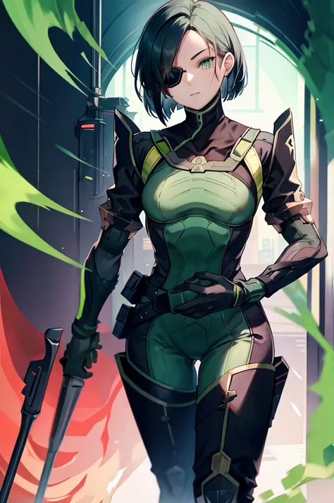 valorantViper, green eyes, bodysuit, formal, eye patch, holding a crutch
