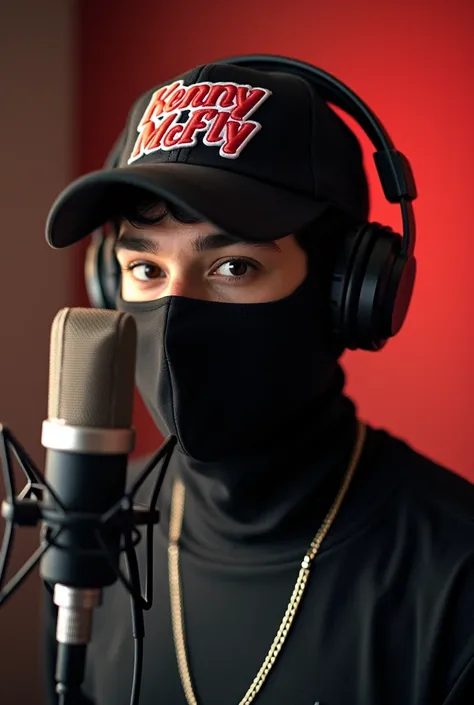 I need an image as realistic as possible of a 20-year-old young man., covered face and wearing a cap that says "Kenny Mcfly" that he is in a music studio and that he is standing in front of a microphone