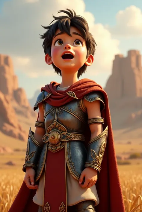 Full body animated boy in biblical warrior costume with armor singing 