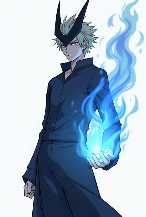 A anime male  character look straight stand straight and face mask eyes blue flame  hand read flame  stand figur
