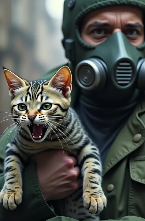 A person wearing a gas mask and green clothing is holding a small cat with red striped patterns. The cat appears agitated and is showing its teeth, while the background is blurred, suggesting an urban environment.