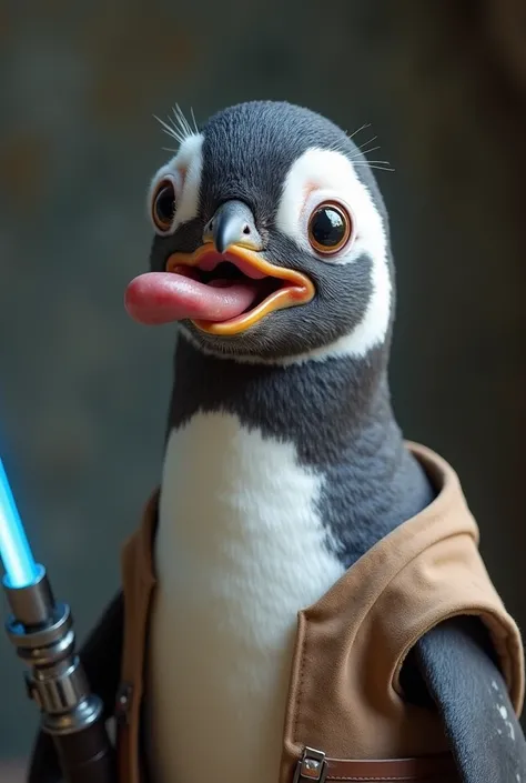 a close up of a penguin facing the camera with his tongue out on the side of his mouth and using a jedi vest with a light saber on his hand