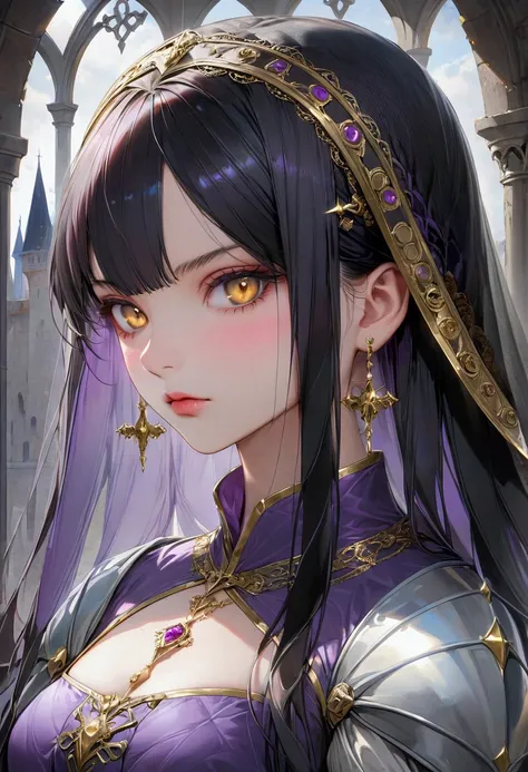 Long smooth straight black hair, inner colored dark-purple hair, golden eyes, medieval clothing, masterpiece, super detail, best quality, 8k,semi-realistic