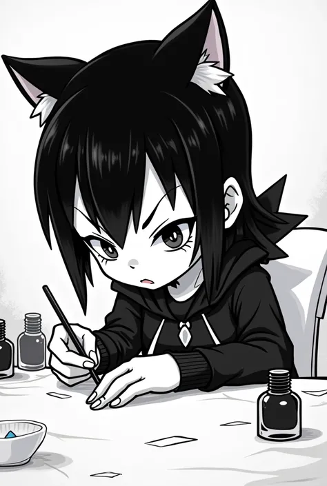 create an illustration of Hello Kitty&#39;s Kuromi doing her nails . in the style of Kuromi from Hello Kitty but dark without color and in the style of the Hello Kitty animation