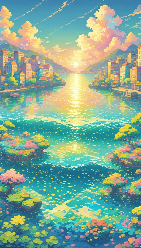 City in the Sea, pixel ,pastel, No people