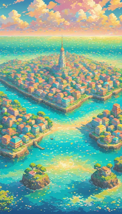 City in the Sea, pixel ,pastel, No people