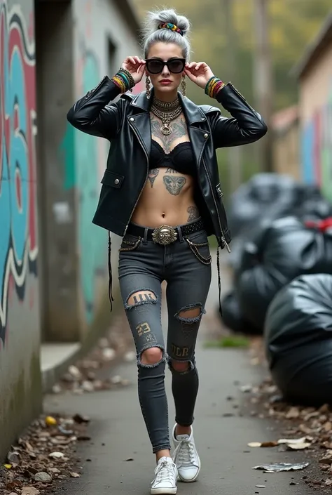 russian old milf woman,  grey hair (bougfant, top bun) and oversized square sunglasses and wide  colourful bandana as headband), with very light green eyes, extremely pale. Big lips. No tan. Wearing aged black moto jacket (zippers on the side, skull and bo...