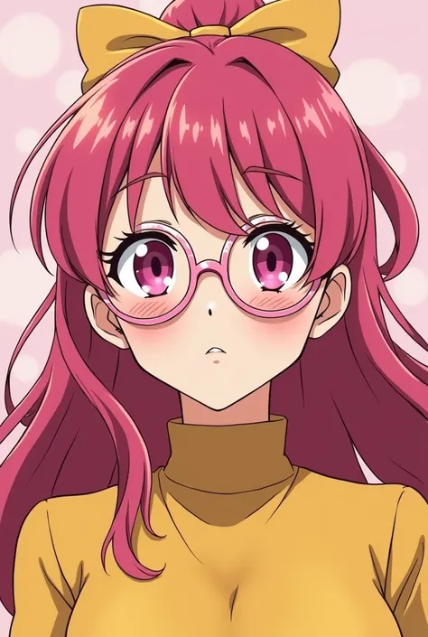 A retro girl (Cute:1.3 points), (Eighties:1.4 points), 90s style anime, Front view, First Person, pink eyes, long dark pink hair, ponytail, Yellow clothes, Bust, Bangs, simple background, rose tinted glasses,