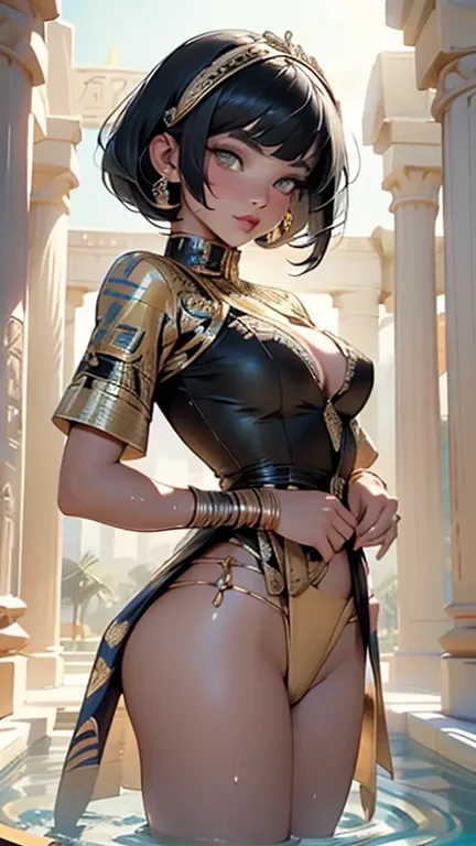 Famous Anime Character (ai hoshino) look like girl from ancient Egypt,1girl,necklace,((((black race)))),(((tan,dark skin,black skin:1.35,dark-skinned_female,dark skin:1.3,ebony skin))),

(large breasts:1.4),((((Medium hair, Bob haircut,((black straight hai...