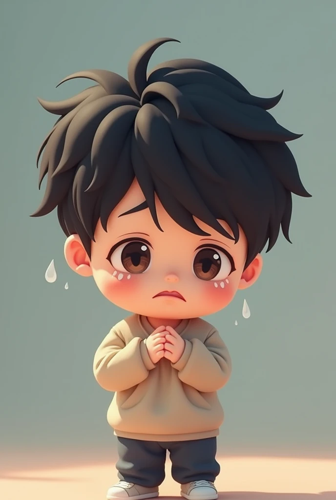 Chibi boy, Korean idols, 2D, K-pop, kawaii, dark black hair,  dark brown eyes, crying