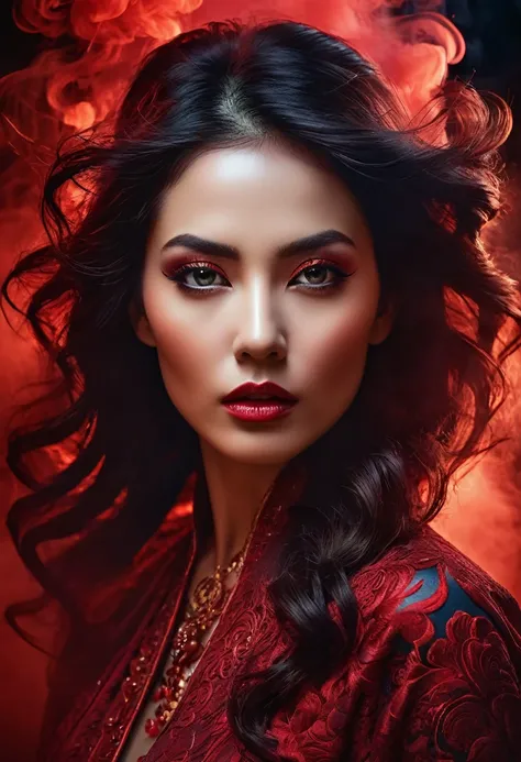 A majestic work of art, a woman, intricately detailed, with an intense, piercing gaze emanating from her singular, striking eye, set against a backdrop of ethereal, swirling red smoke that appears to shift and undulate as if alive, illuminated by a cinemat...