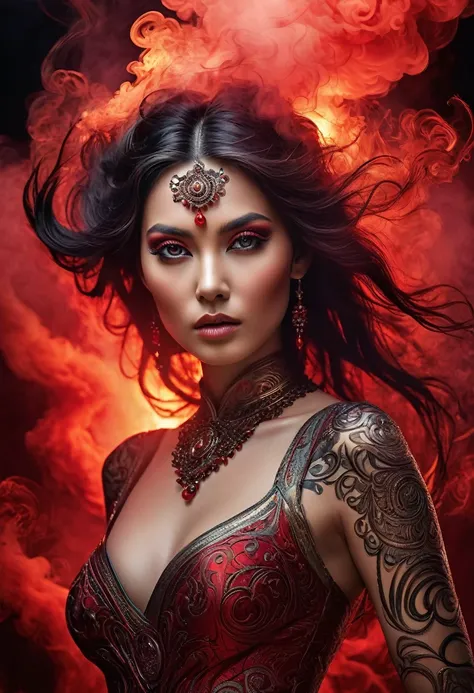 A majestic work of art, a woman, intricately detailed, with an intense, piercing gaze emanating from her singular, striking eye, set against a backdrop of ethereal, swirling red smoke that appears to shift and undulate as if alive, illuminated by a cinemat...