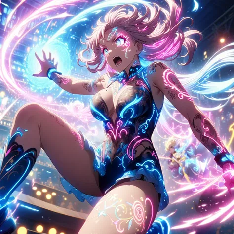 Action scenes,battle,Anime Screenshots、 Artistic anime illustration of a woman adorned with glowing neon magic tattoos all over her body and face。 The tattoos on his arms and legs are a mix of pink, blue and white runes.、It emits a neon light。 She has long...