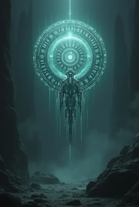 Illustrate a strange, glowing object with an otherworldly design, such as a mysterious, hovering relic with intricate alien symbols and pulsating light. The artifact should appear to be made of an unknown metal or crystal, radiating a soft, eerie glow. The...