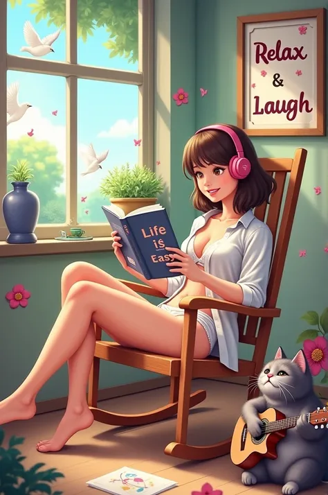 Create youtube thumbnail promt: A cute  , smiling, wearing a white shirt with a white bra and white panties lying on a rocking chair reading “Life is easy”,  wear headphones, cat playing guitar, outside the window birds are chirping, There are musical note...