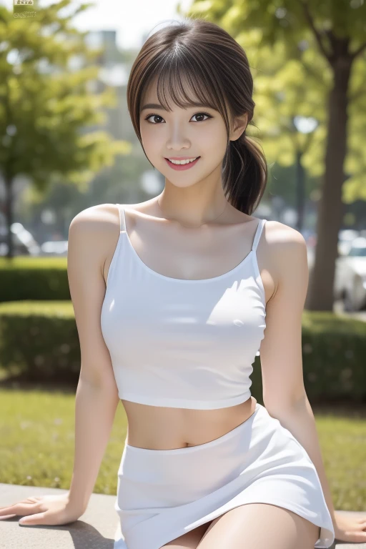 ((masterpiece))、((Highest quality))、photograph、reality、high resolution、Advanced Depth of Field、Get used to it、Realistic lighting、secretary、、Delicate features、Shaggy Ponytail、Just the right size breasts、A white tank top that shows off your soft body line be...