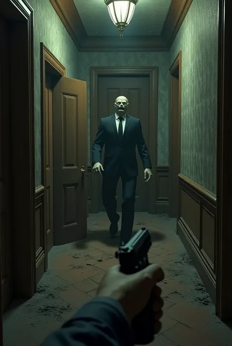 abandoned mansion, first person perspective with a pistol in hand, Meets Monster In Suit Brute With Doll Face