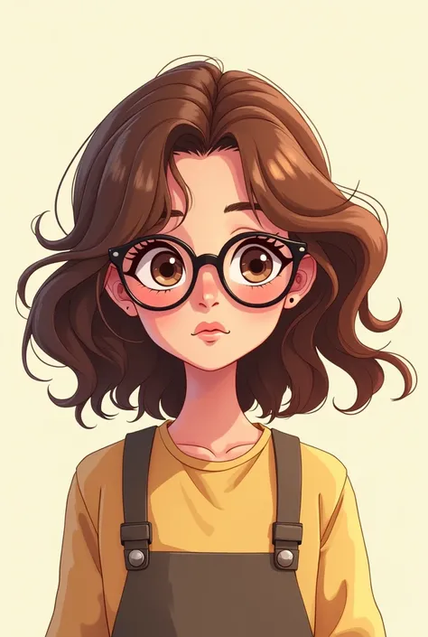 create a teenage girl with brown cartoon-style hair wearing glasses and staring at the camera