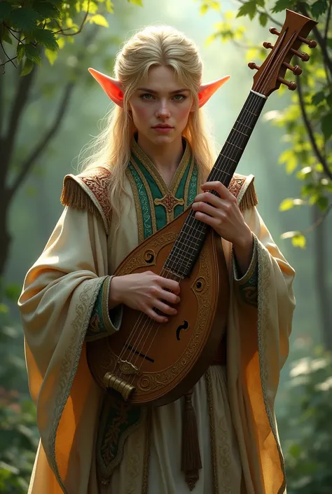 A male elf in bard&#39;s robes holding a lute.