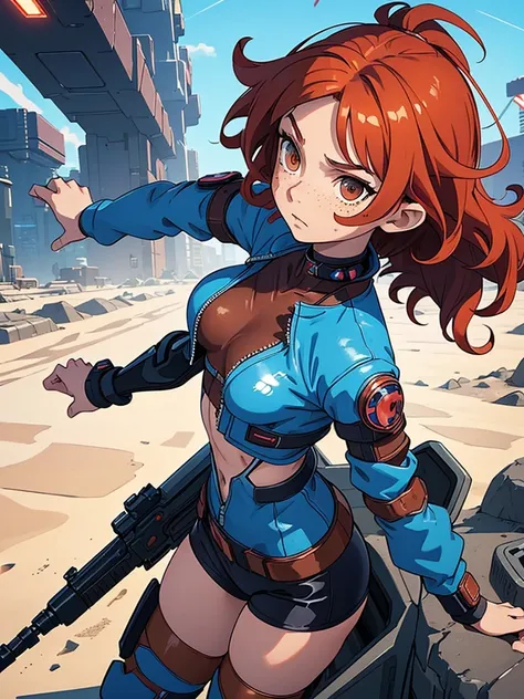 (masterpiece), (best quality),(1 girl),adult, red copper hair,(brown eyes),curly hair,(short curly hair), anime style, freckles, (small breasts),(petite figure), (blue outfit),(cyberpunk clothes)),(battle outfit),(badass outfit),legs, desert background