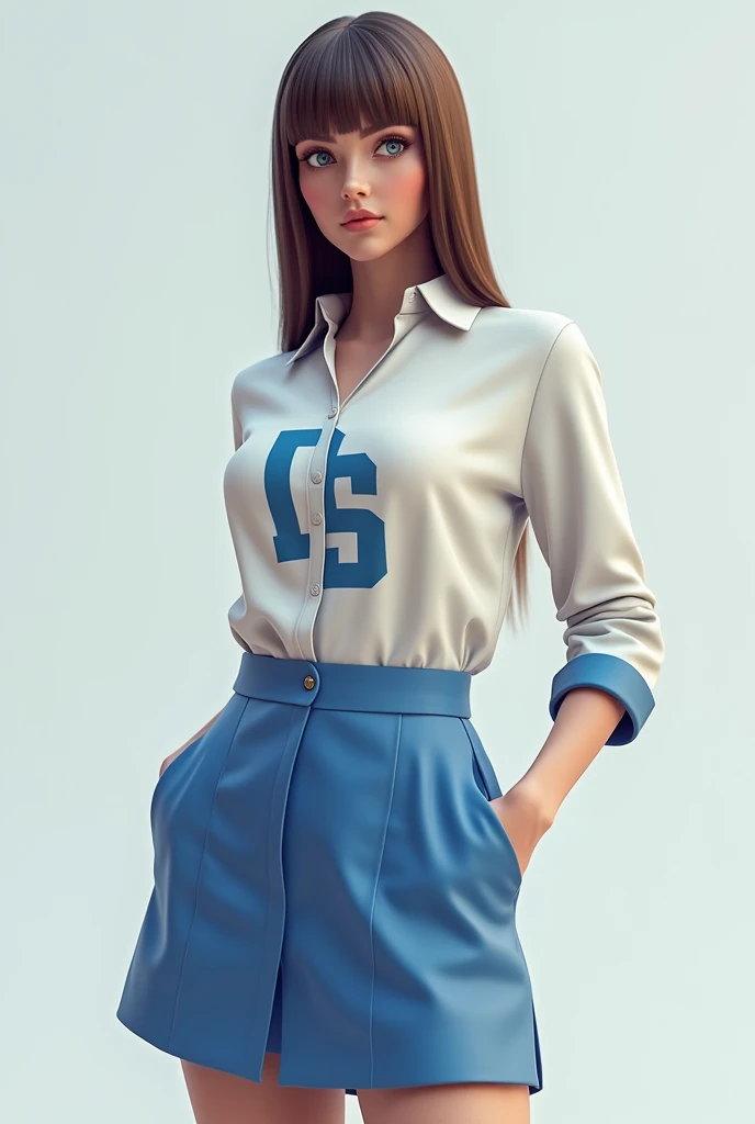  DS character, woman, style, 3d, with straight brown hair, blue eyes, clothes in white, blue colors, with the initials DS on the clothing, initials DS on adult clothing, full body, model, style des