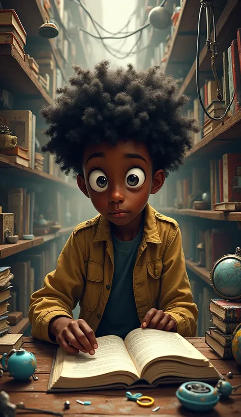 “A black teenager, slum dweller, with curly hair and a curious look, is surrounded by books, improvised technological tools and devices. He explores several areas of knowledge, from physics to music, in a small space full of creativity. Despite the difficu...