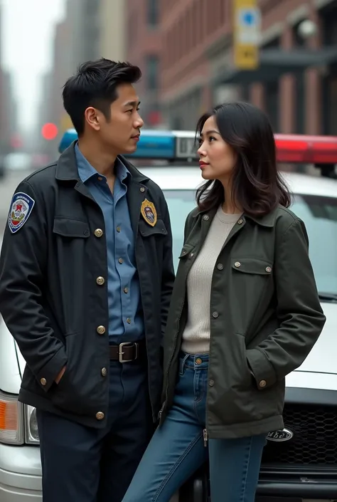 In the background, a Chicago police car. Leaning against it a man and a woman. The man taller than her. The Korean man is in his 30s, with a detective badge on casual clothes. The woman with American features, dark brown eyes and hair, slightly wavy hair. 